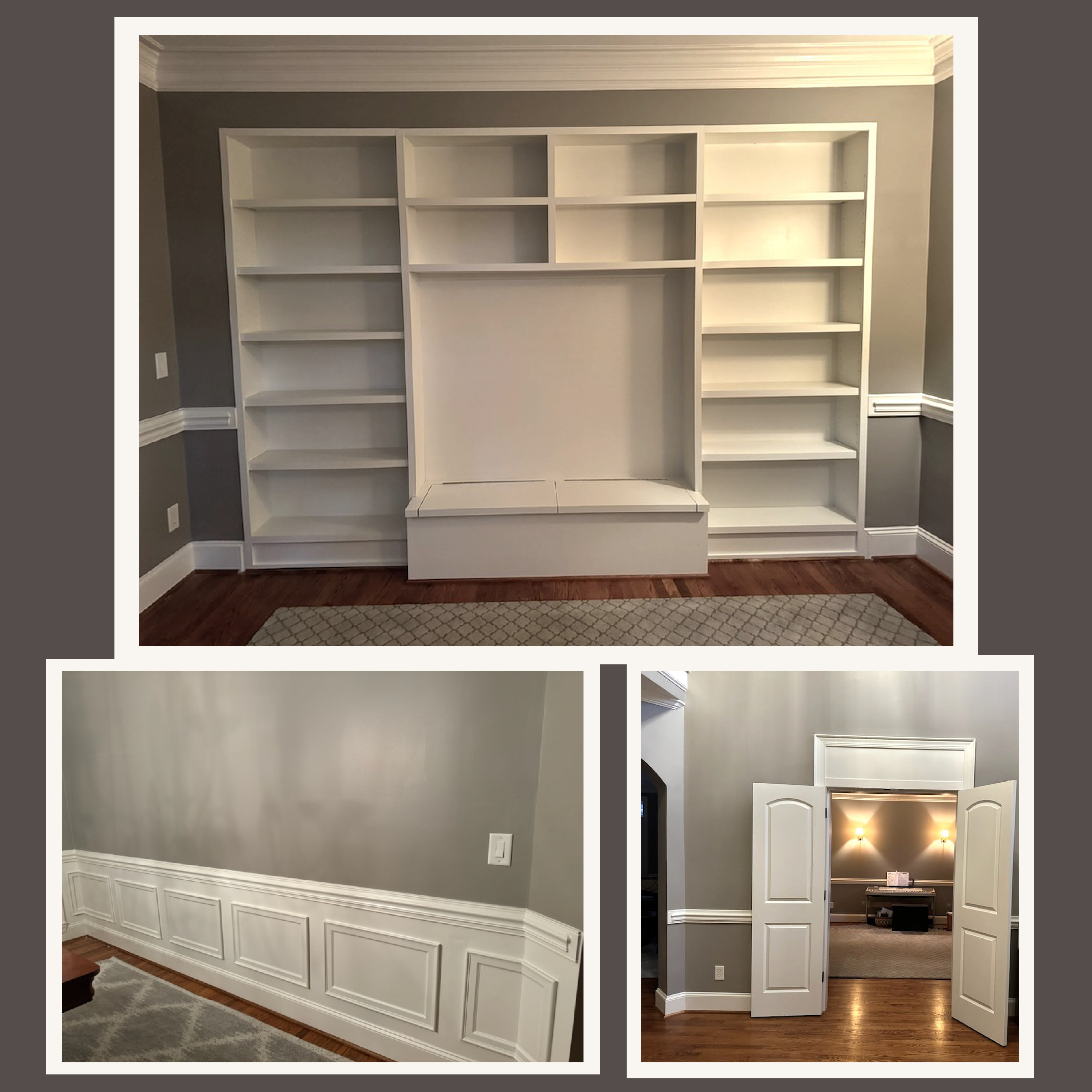 The room after — built-in bookshelves and recessed bench nook with hidden storage