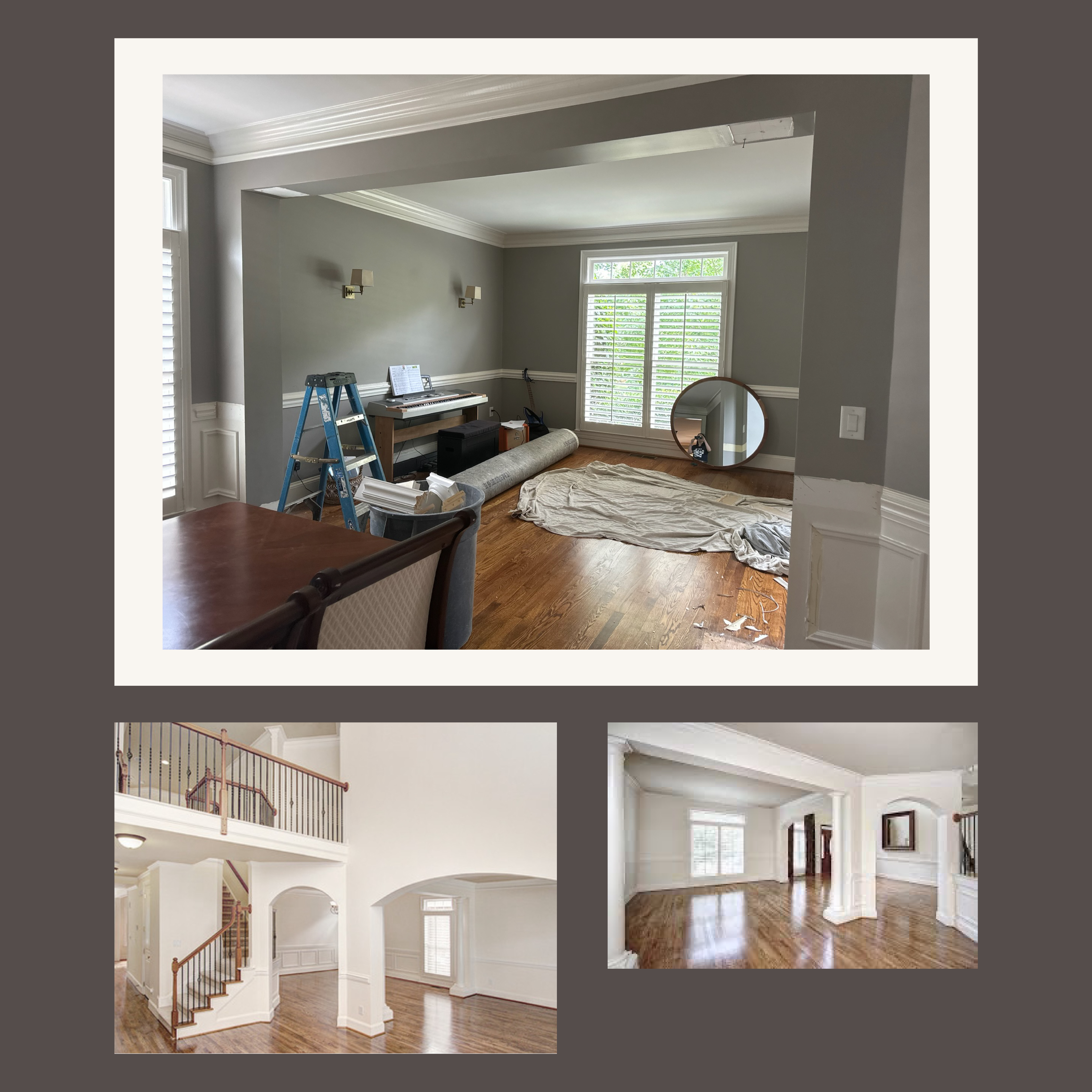 The room before — an open, undefined space with a piano and bare walls